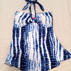 Blue N White tie-dye striped sleeveless halter top
